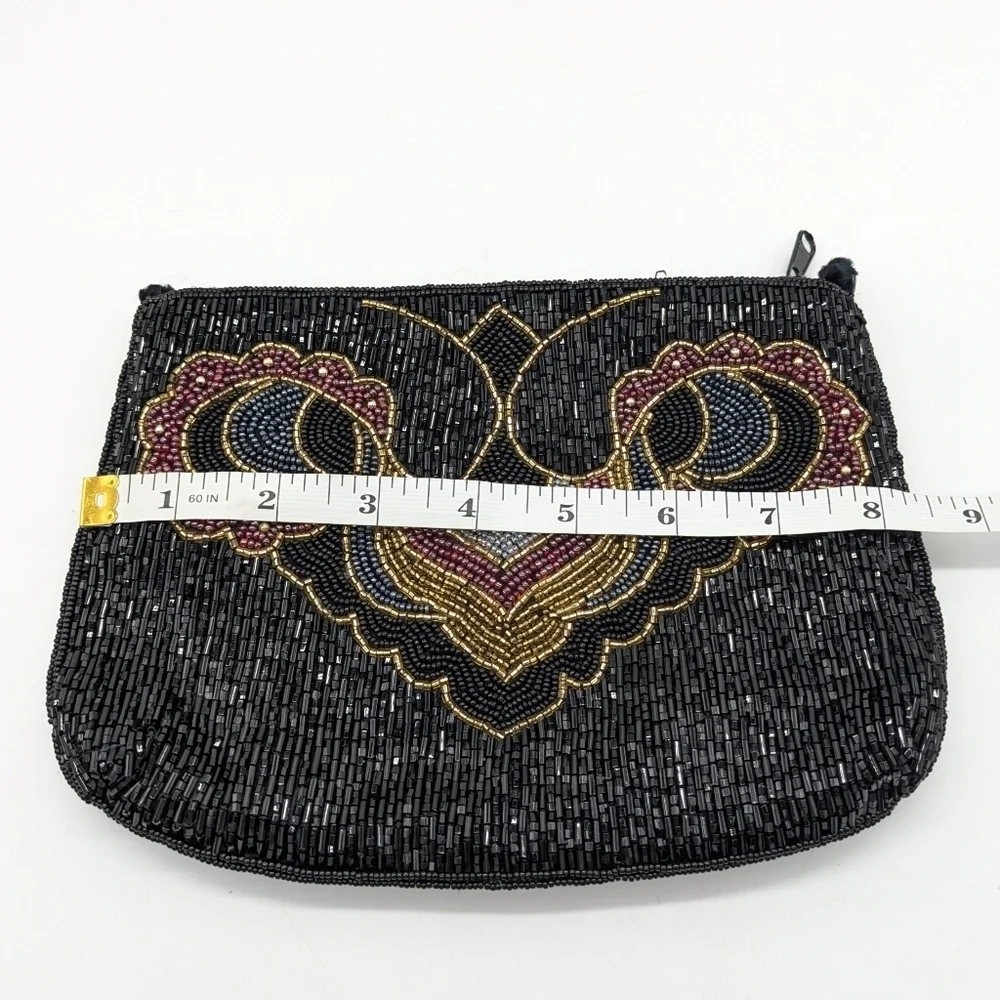 Vintage Small Fully Beaded Black Gold Red Zip Up Clutch Purse